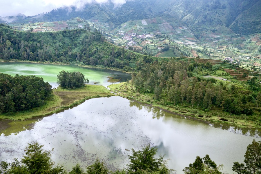 Twin Lakes in the Dieng Plateau of Java Indonesia