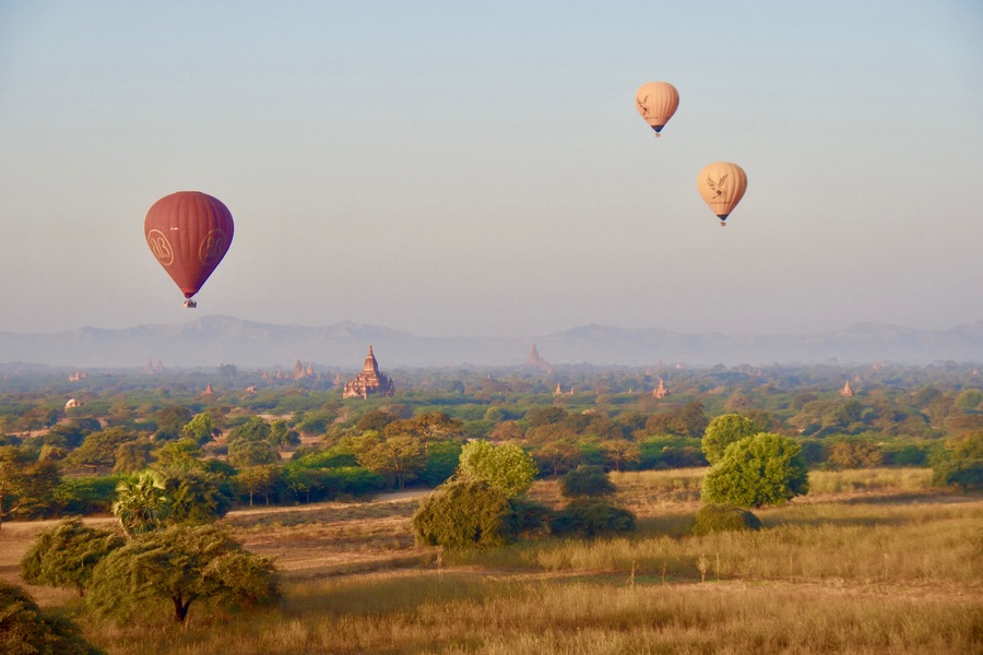 hot air balloon over the Bagan pagodas