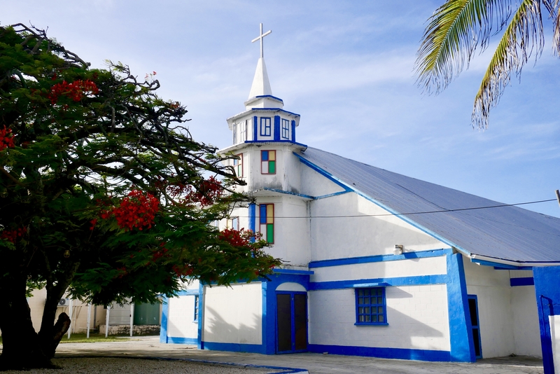 Blue and White church in downtown Majuro, Marshall Islands
